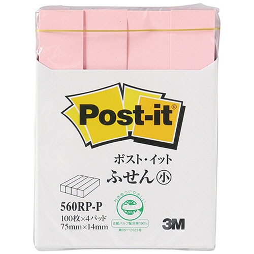3M ポスト・イット ふせん小 再生紙 75×14mm ピンク 560RP-P 1パック(4冊)