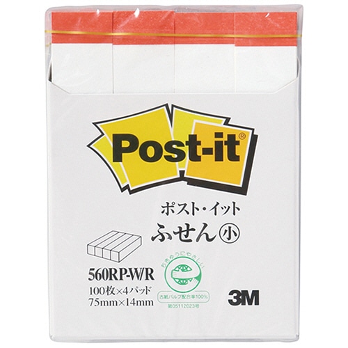 3M ポスト・イット ふせん小 再生紙 75×14mm ホワイト(赤帯入) 560RP-W/R 1パック(4冊)