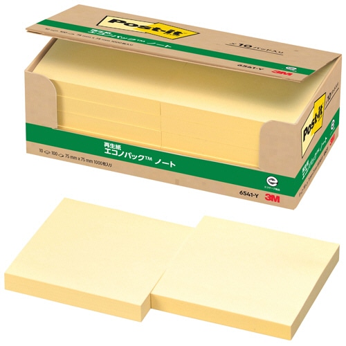 3M ポスト・イット エコノパック ノート 再生紙 75×75mm イエロー 6541-Y 1パック(10冊)