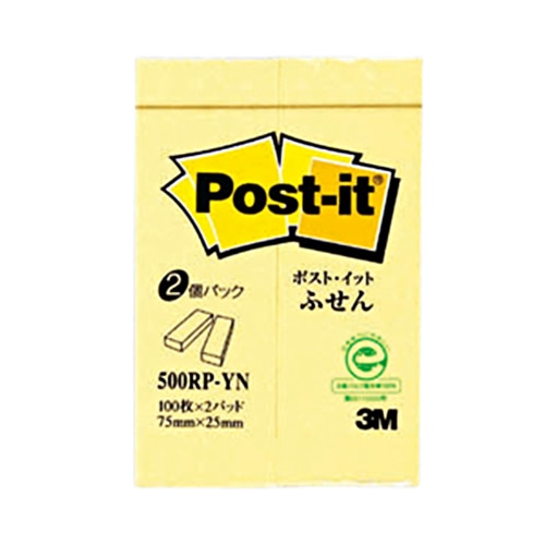 3M ポスト・イット ふせん 再生紙 75×25mm イエロー 500RP-YN 1パック(2冊)