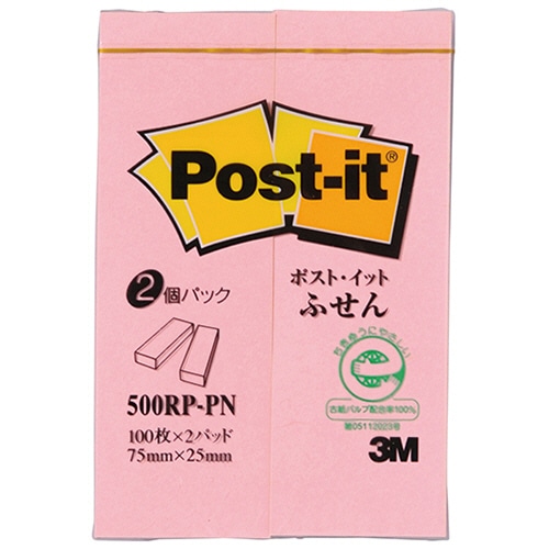3M ポスト・イット ふせん 再生紙 75×25mm ピンク 500RP-PN 1パック(2冊)