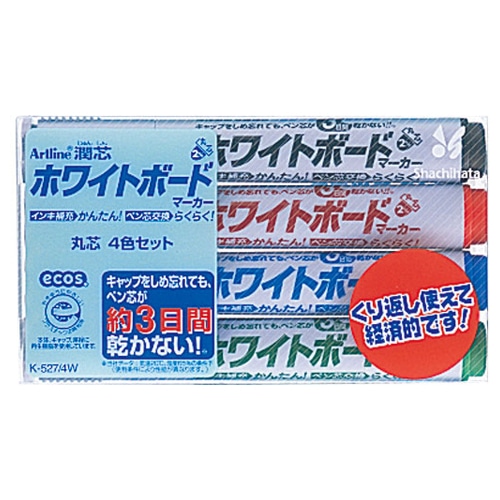 シヤチハタ アートライン潤芯ホワイトボードマーカー 細字丸芯 4色(各色1本) K-527/4W 1パック