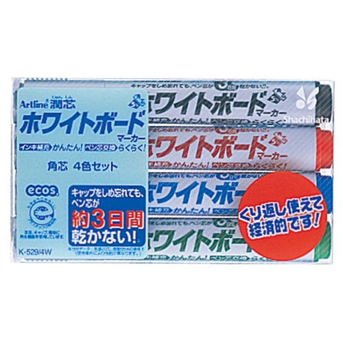シヤチハタ アートライン潤芯ホワイトボードマーカー 太字角芯 4色(各色1本) K-529/4W 1パック