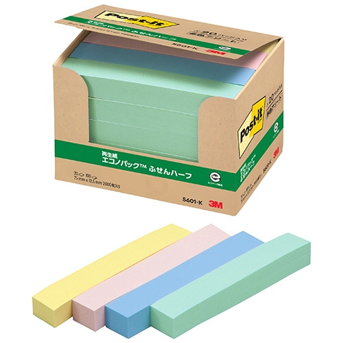 ３Ｍ　ポスト・イット　エコノパック　ふせんハーフ　再生紙　７５×１２．５ｍｍ　４色　５６０１－Ｋ　１パック（２０冊）