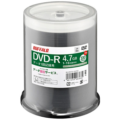 バッファロー DVD-R PCデータ用 4.7GB 16倍速 ホワイトワイドプリンタブル スピンドルタイプ 100枚+5枚 RO-DR47D-105PWZ 1パ
