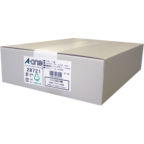 エーワン　パソコン＆ワープロラベルシール［兼用］　マット紙・ホワイト　Ａ４　ＮＥＣタイプ２列用　１２面　９０．２×４２．３ｍｍ　四辺余白付　２８７２１　１箱（５