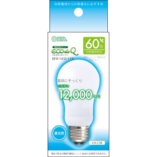 オーム電機 電球形蛍光灯 エコ電球 A形 60W形 E26 昼光色 EFA15ED/11N 1個