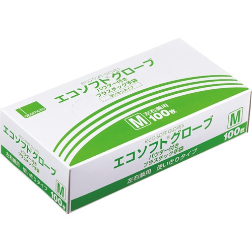 オカモト エコソフトグローブ プラスチック手袋 パウダー付 M 半透明 OM-320-M 1箱(100枚)