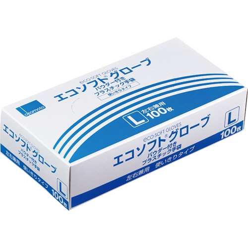 オカモト エコソフトグローブ プラスチック手袋 パウダー付 L 半透明 OM-320-L 1箱(100枚)