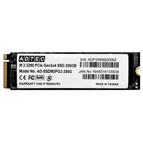 アドテック　３Ｄ　ＮＡＮＤ　ＳＳＤ　Ｍ．２　ＮＶＭｅ　ＰＣＩｅ　Ｇｅｎ３×４（２２８０）　２５６ＧＢ　ＡＤ－ＳＳＤＭ２ＰＧ３－２５６Ｇ　１枚