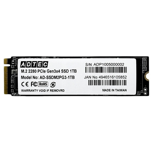 アドテック　３Ｄ　ＮＡＮＤ　ＳＳＤ　Ｍ．２　ＮＶＭｅ　ＰＣＩｅ　Ｇｅｎ３×４（２２８０）　１ＴＢ　ＡＤ－ＳＳＤＭ２ＰＧ３－１ＴＢ　１枚