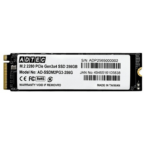 アドテック　３Ｄ　ＮＡＮＤ　ＳＳＤ　Ｍ．２　ＮＶＭｅ　ＰＣＩｅ　Ｇｅｎ３×４（２２８０）　２５６ＧＢ　ＡＤ－ＳＳＤＭ２ＰＧ３－２５６ＧＴ　１枚