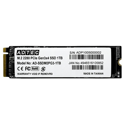 アドテック　３Ｄ　ＮＡＮＤ　ＳＳＤ　Ｍ．２　ＮＶＭｅ　ＰＣＩｅ　Ｇｅｎ３×４（２２８０）　１ＴＢ　ＡＤ－ＳＳＤＭ２ＰＧ３－１ＴＢＴ　１枚