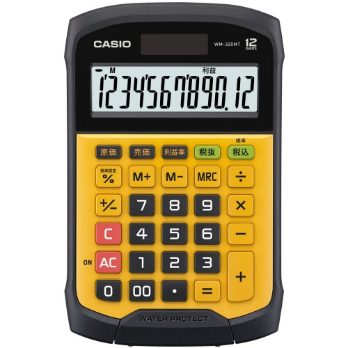 カシオ 防水・防塵電卓 12桁 ミニジャストタイプ イエロー WM-320MT-N 1台