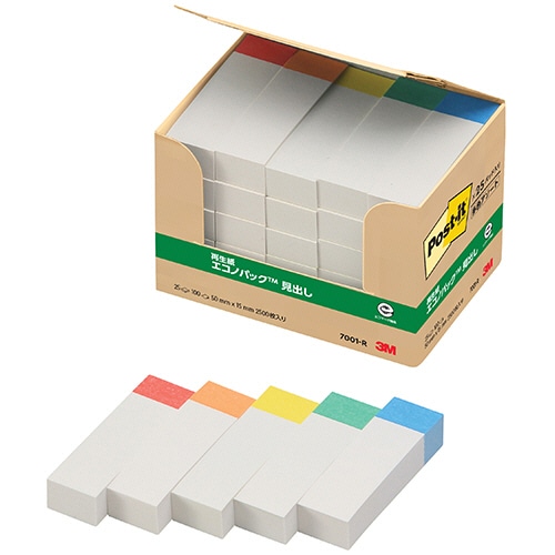3M ポスト・イット エコノパック 見出し 再生紙 50×15mm ホワイト(5色帯入) 7001-R 1パック(25冊)