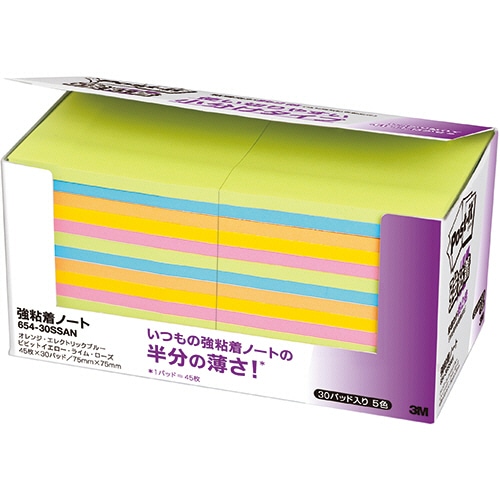 3M ポスト・イット 強粘着ノート 75×75mm ネオンカラー5色 654-30SSAN 1パック(30冊)