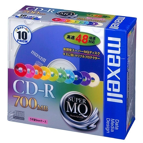マクセル データ用CD-R 700MB 2-48倍速 10色カラーMIX 5mmスリムケース CDR700S.MIX1P10S 1パック(10枚)