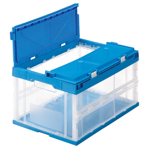 TANOSEE 折りたたみコンテナ フタ一体型 40L 透明/ブルー 1台