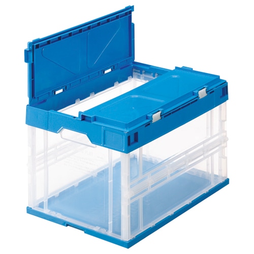 TANOSEE 折りたたみコンテナ フタ一体型 50L 透明/ブルー 1台