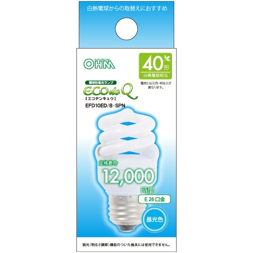 オーム電機 電球形蛍光灯 エコ電球 D形 40W形 E26 昼光色 EFD10ED/8-SPN 1個