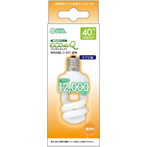 オーム電機 電球形蛍光灯 エコ電球 D形 40W形 E17 電球色 EFD10EL/7-E17-SPN 1個