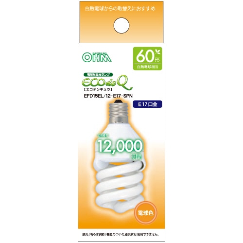 オーム電機 電球形蛍光灯 エコ電球 D形 60W形 E17 電球色 EFD15EL/12-E17SPN 1個