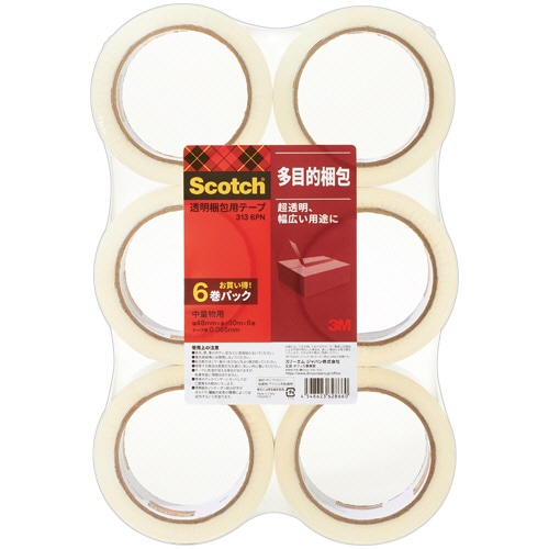 3M スコッチ 透明梱包用テープ 中・軽量物用 48mm×50m 厚み約0.065mm 313-6PN 1パック(6巻)