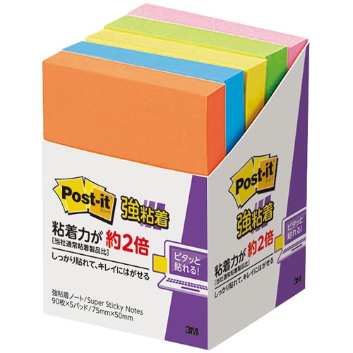 3M ポスト・イット 強粘着 ノート 75×50mm ネオンカラー 5色混色 656-5SSAN 1パック(5冊)