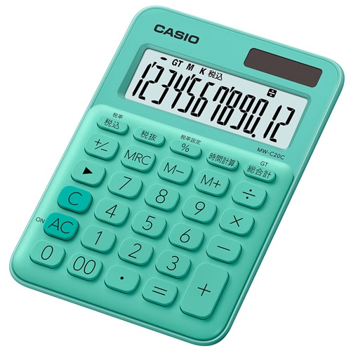 カシオ　カラフル電卓　１２桁　ミニジャストタイプ　ミントグリーン　ＭＷ－Ｃ２０Ｃ－ＧＮ－Ｎ　１台