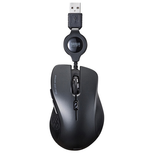 サンワサプライ ケーブル巻取り5ボタンブルーLEDマウス ブラック MA-BLMA9BK 1個
