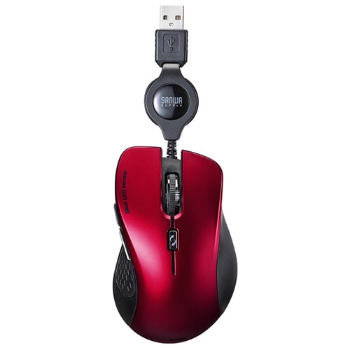 サンワサプライ ケーブル巻取り5ボタンブルーLEDマウス レッド MA-BLMA9R 1個