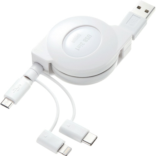 サンワサプライ ライトニング・Type-C・microB 巻き取りUSB 3in1 ケーブル 1.2m ホワイト KB-IPLTM12W 1個