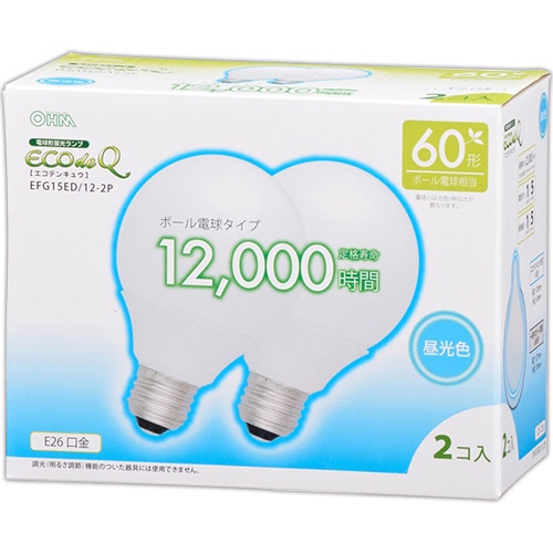 オーム電機 電球形蛍光灯 エコ電球 G形 60W形 E26 昼光色 EFG15ED/12-2P 1パック(2個)