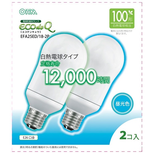 オーム電機 電球形蛍光灯 エコ電球 A形 100W形 E26 昼光色 EFA25ED/18-2P 1パック(2個)