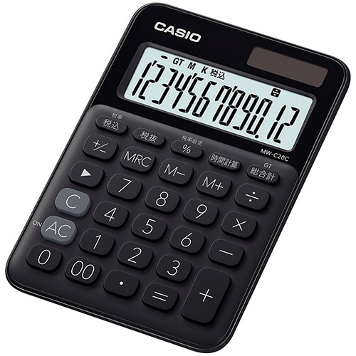カシオ　カラフル電卓　１２桁　ミニジャストタイプ　ブラック　ＭＷ－Ｃ２０Ｃ－ＢＫ－Ｎ　１台