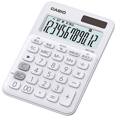 カシオ　カラフル電卓　１２桁　ミニジャストタイプ　ホワイト　ＭＷ－Ｃ２０Ｃ－ＷＥ－Ｎ　１台