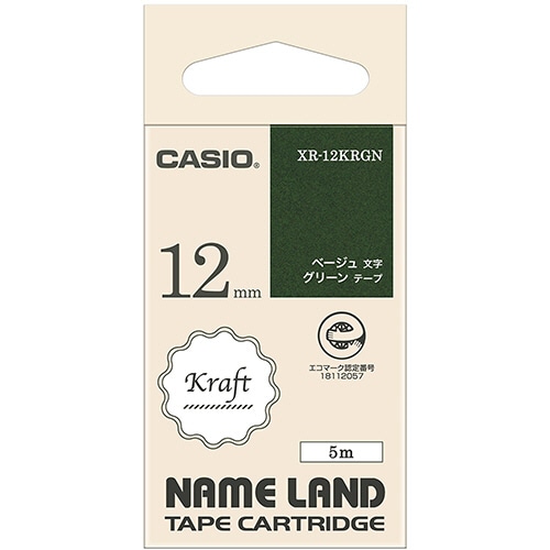 カシオ NAME LAND クラフトテープ 12mm×5m グリーン/ベージュ文字 XR-12KRGN 1個