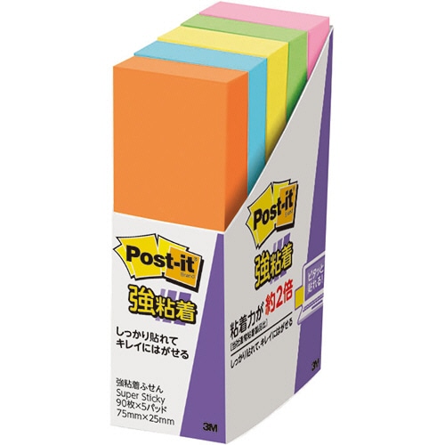 3M ポスト・イット 強粘着ふせん 75×25mm ネオンカラー5色 500-5SSAN 1パック(5冊)