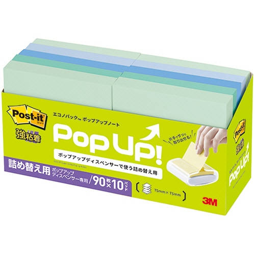 ３Ｍ　ポスト・イット　エコノパック　強粘着ポップアップノート　詰替用　７５×７５ｍｍ　４色　６５４１ＳＳＰＯＰ－ＡＰＦ　１パック（１０冊）