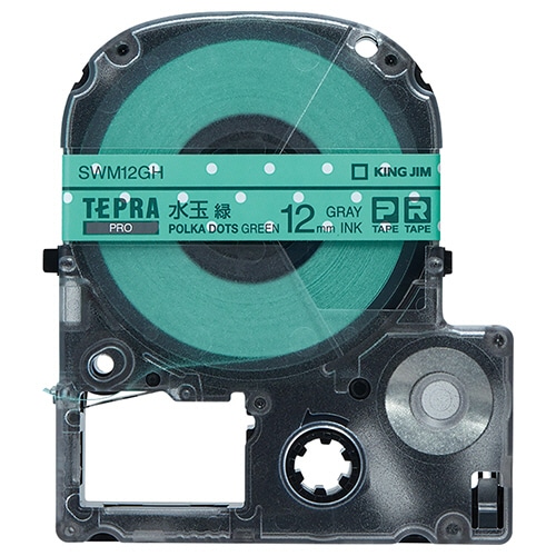 キングジム テプラ PRO テープカートリッジ 模様ラベル 12mm 水玉緑/グレー文字 SWM12GH 1個