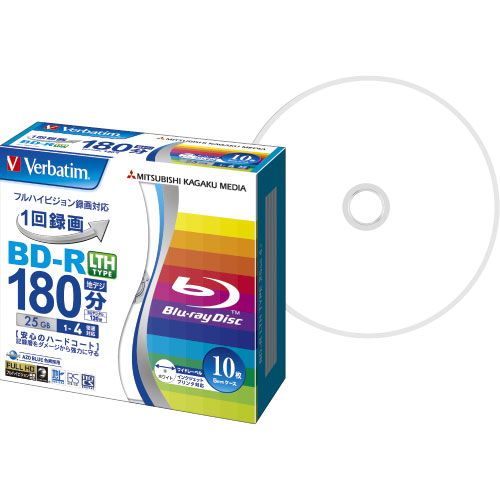 バーベイタム 録画用BD-R LTH TYPE 130分 1-4倍速 ホワイトワイドプリンタブル 5mmスリムケース VLR130YP10V1 1パック(10枚
