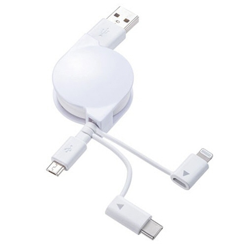 サンワサプライ ライトニング・Type-C・microB 巻き取りUSB 3in1 ケーブル 0.8m ホワイト KB-IPLTM08KW 1個