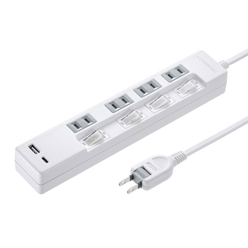 サンワサプライ USB充電機能付きタップ Type-C搭載 2P・4個口 ホワイト 2m TAP-B102UC-2W 1個