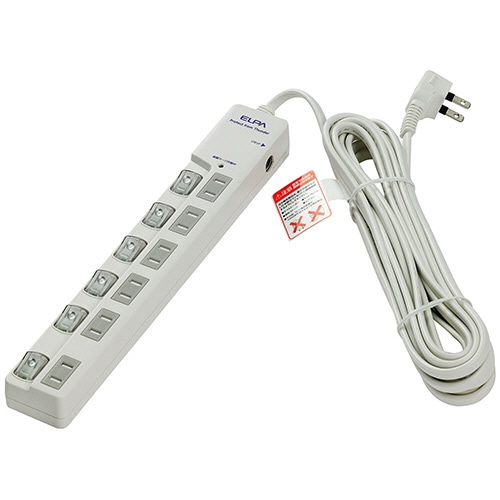 ELPA 耐雷サージ LEDランプスイッチ付タップ(ブレーカー付・上差し) 6個口 5m WLS-LU650SB(W) 1個