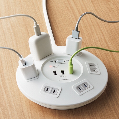 ELPA 耐雷丸形 USBタップ 6個口 2m WLS-LS602RUSB(W) 1個