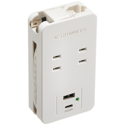 ハイディスク コード巻き取り収納式USBタップ/20WUSBポート AC差込口:2個口 USB Aポート数:1ポート Type-Cポート数:1ポート HDTAC