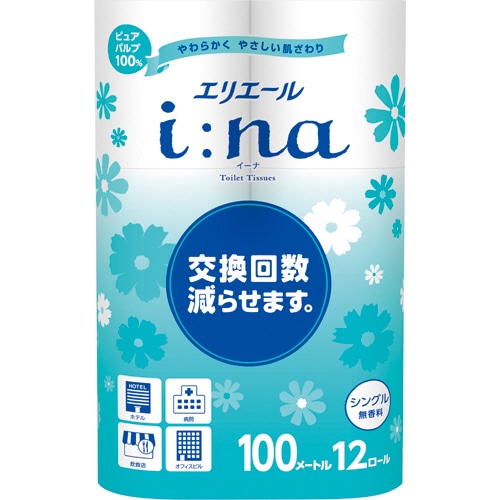 大王製紙 エリエール i:na(イーナ)トイレットティシュー シングル 芯あり 100m 無香料 1パック(12ロール)
