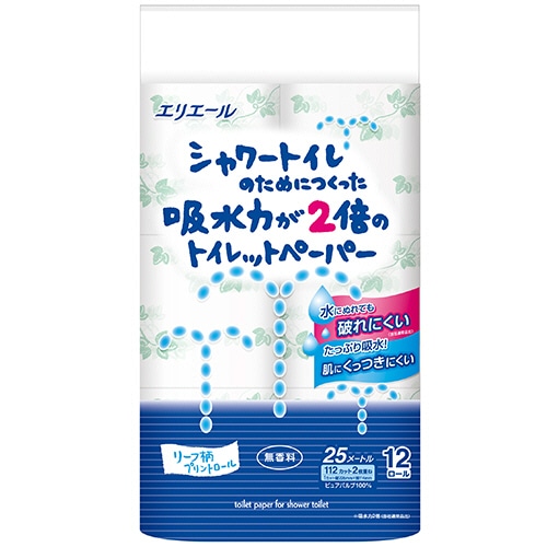 大王製紙 エリエール シャワートイレのためにつくった吸水力が2倍のトイレットペーパー ダブル 芯あり 25m 無香料 1パック(12ロール)
