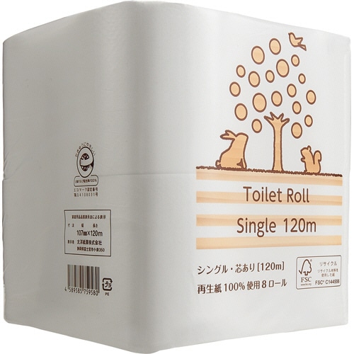 TANOSEE リサイクルトイレットペーパー(2倍巻) シングル 芯あり 120m 1パック(8ロール)