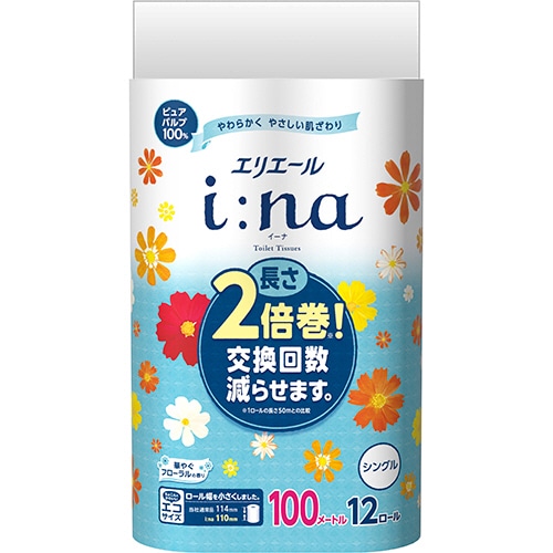 大王製紙 エリエール i:na(イーナ)トイレットティシュー シングル 芯あり 100m 華やぐフローラルの香り 1パック(12ロール)
